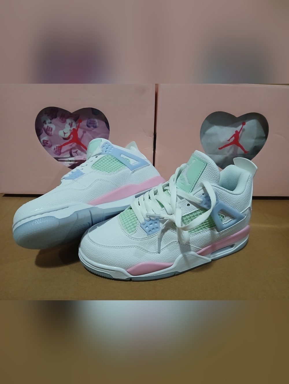 Retro 4. White Sneakers with Pastel Pink & Mint Accents